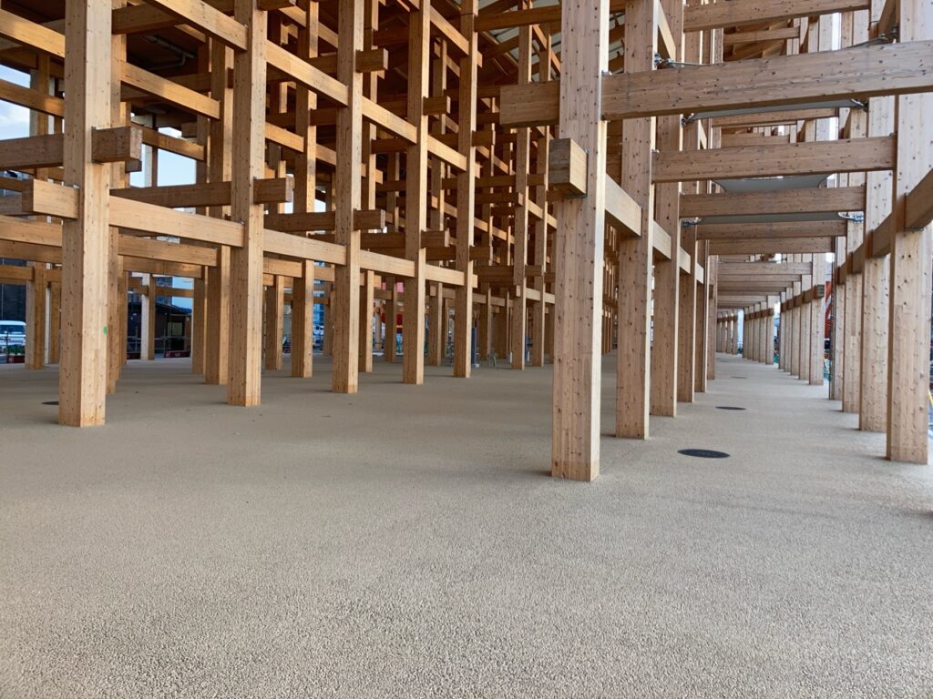 Under-construction wooden framework with numerous vertical posts and crossbeams spanning a wide area.