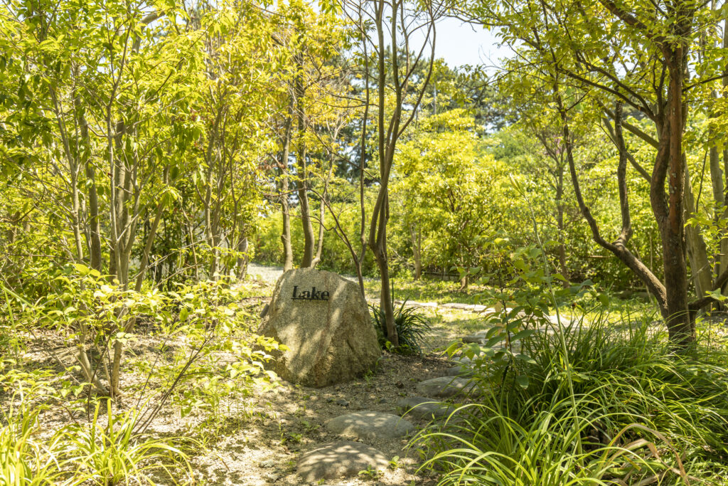 Large rock with the word 'Lake' carved on it, surrounded by a sunny, leafy garden path.