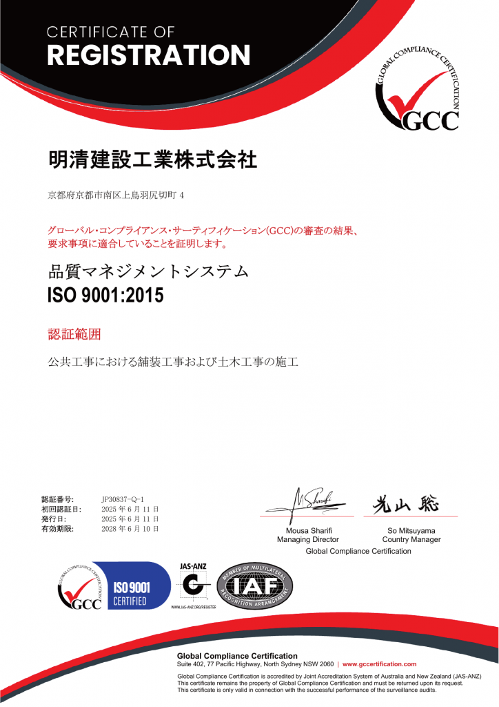Certificate of Registration from Global Compliance Certification with GCC logo, ISO 9001:2015 badge, and signatures on a curved red/blue design.